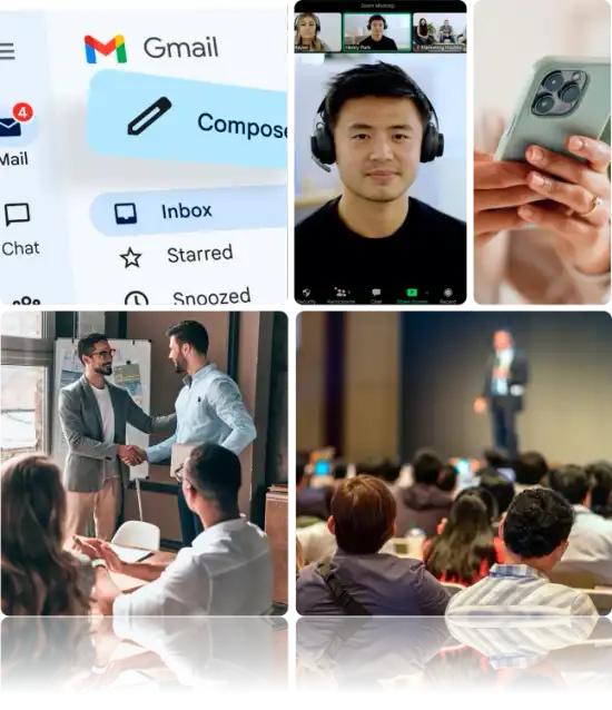 Layout com várias imagens(app gmail, chamada do google meet, pessoas apertando as mãos e uma pessoa usando um celular)